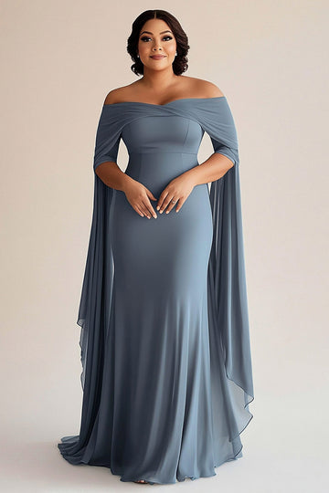 Off The Shoulder Grey Blue Sheath Chiffon Plus Size Mother of the Bride Dress